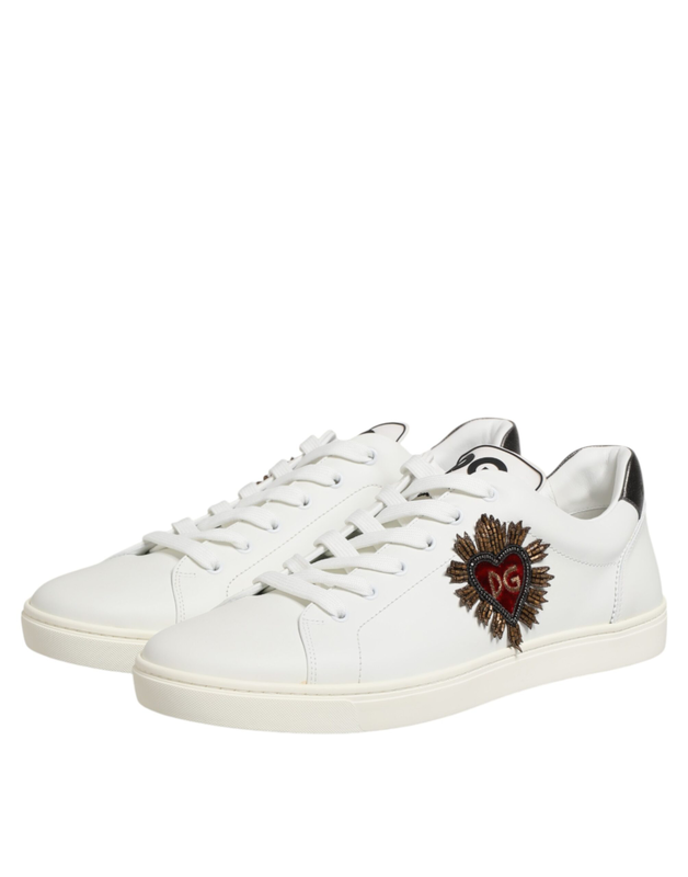 White leather heart embellished sneakers shoes-null