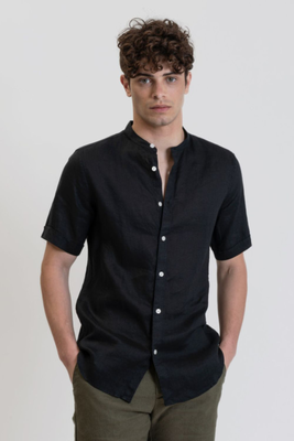 Gianni lupo linen shirt mao ss, Black, medium