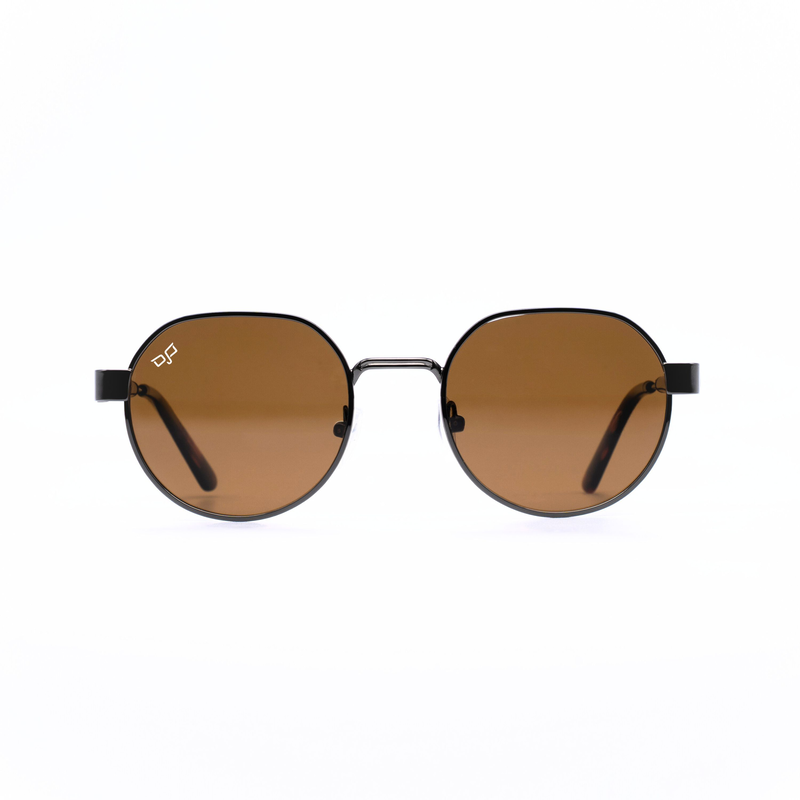 OJO sunglasses handmade round gun frame and shell brown temple with brown polarised lenses rx-null