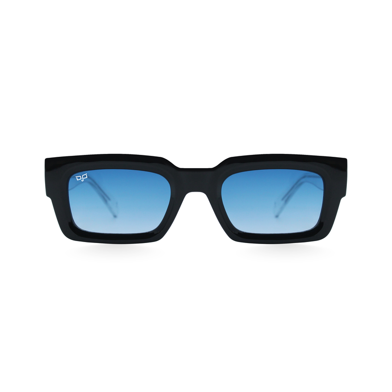OJO sunglasses classic square black frame and clear temples with blue gradient lenses rx image number null
