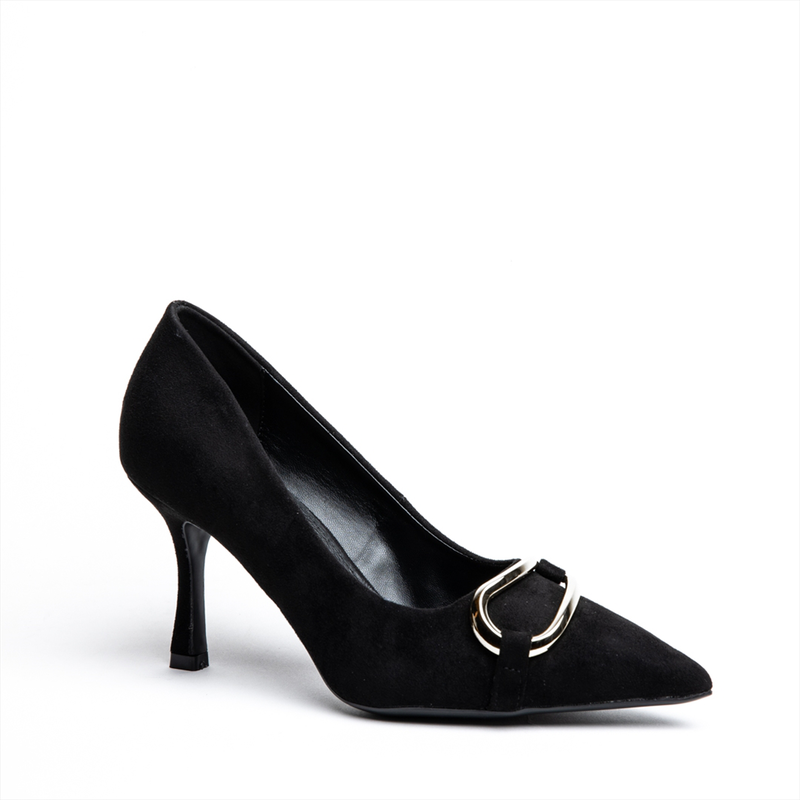 Miss belgini high heeled suede pumps with metal gold embellishment-null