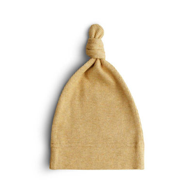 Mushie ribbed knotted baby beanie mustard melagne 0-3 months, , medium