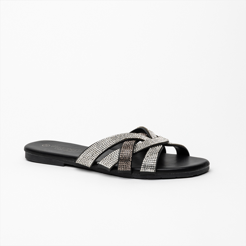 Miss belgini bbraided double colour diamante rhinestone upper flat slider sandals-null