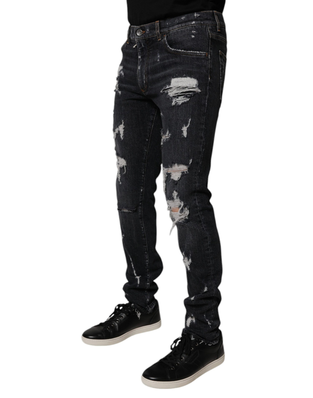 Black tattered cotton skinny men denim jeans-null