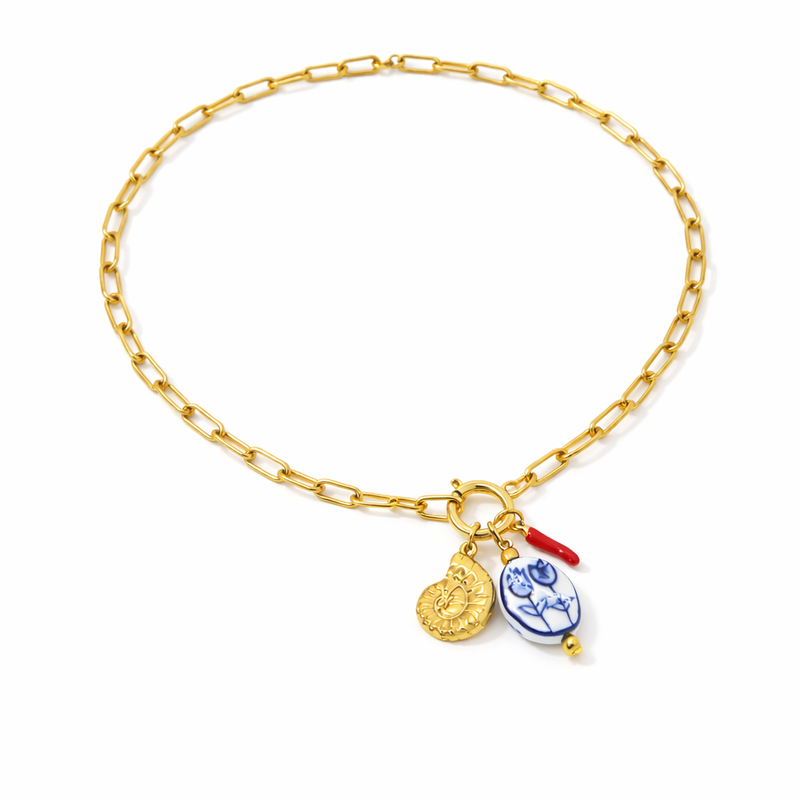 Golden stainless steel charm necklace with tulip & chilli-null