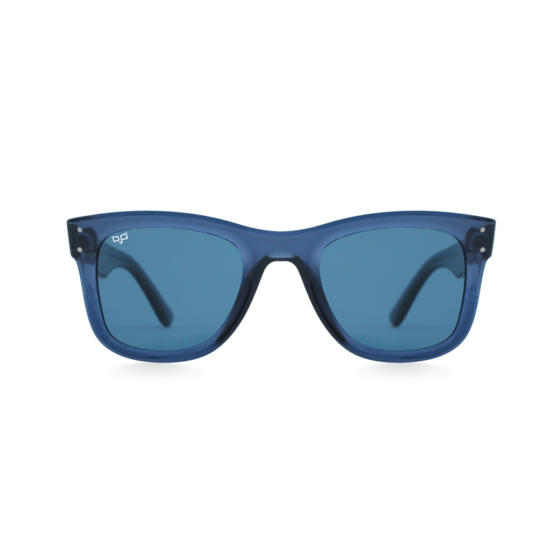 OJO sunglasses classic handmade crystal blue frame and temples with nylon blue reverse lenses rx-null