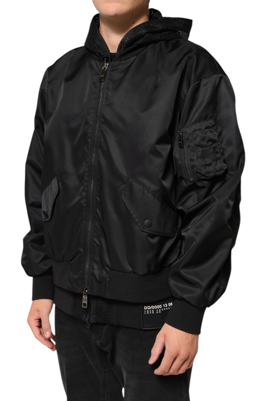 Black nylon hooded full zip bomber men jacket-null