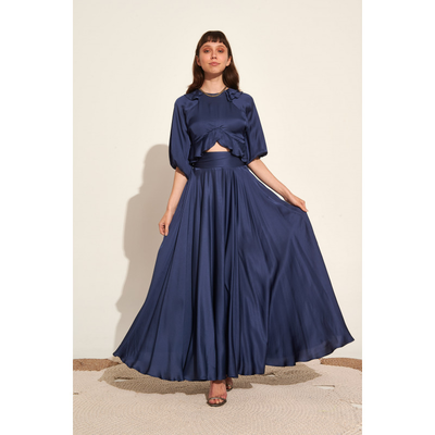 Lace long satin skirt, Navy, medium
