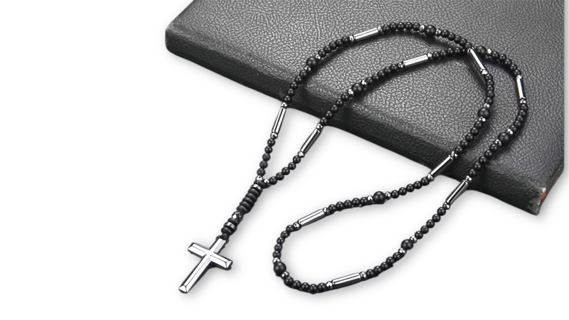 Black stone & gun metal steel cross necklace-null