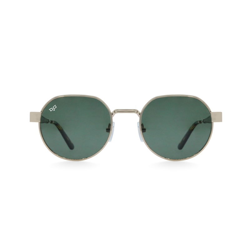 OJO sunglasses handmade round gold frame and shell gold temple with green polarised lenses rx-null