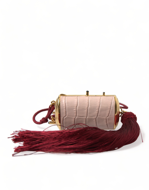 Pink exotic leather mini mirror tassel makeup bag-null