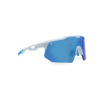 Ojo active sunglasses shiny white frame and temples with blue detail tips and mirror blue lens