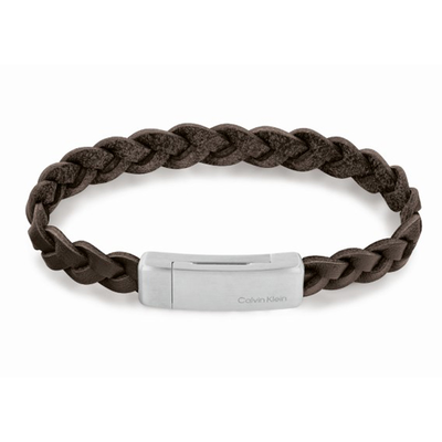 Calvin Klein brown leather/ss magnetic closure bracelet wrapped & braided, , medium