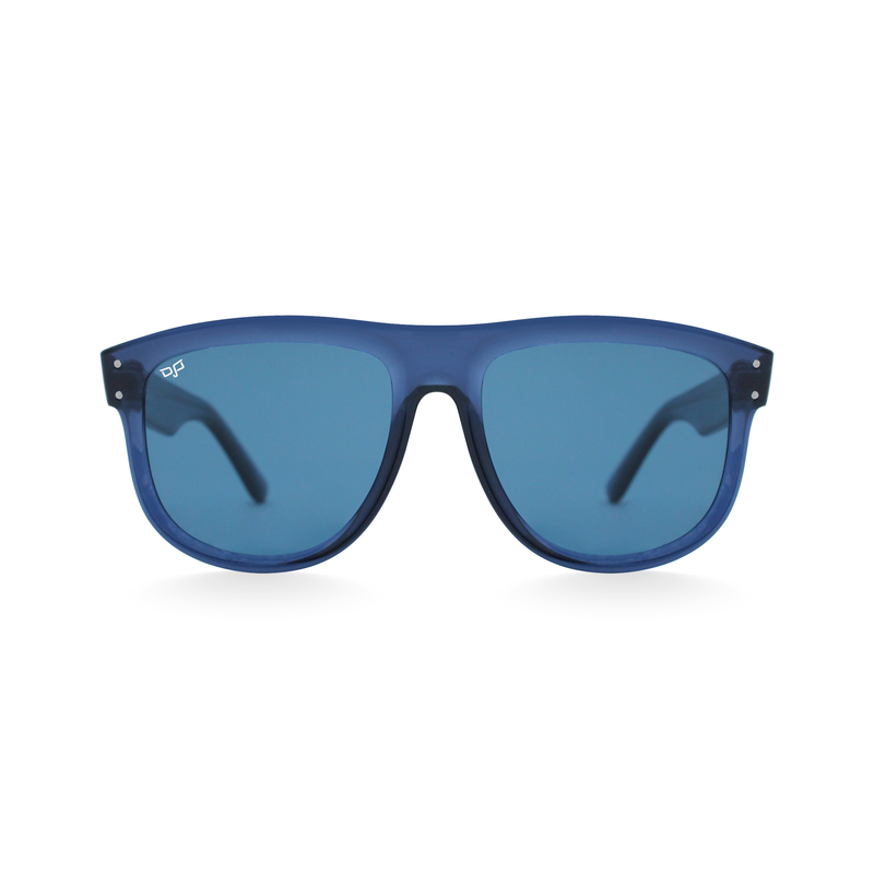 OJO sunglasses classic handmade crystal blue frame and temples with nylon blue reverse lenses rx-null