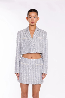 Glamorous tweed jacket pearls, Silver, medium