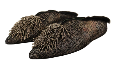 Gold jacquard leather embellished slip on shoes, Gold, medium