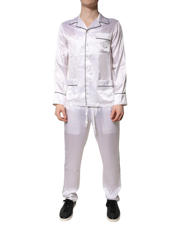 White satin silk men pajama set sleepwear-null