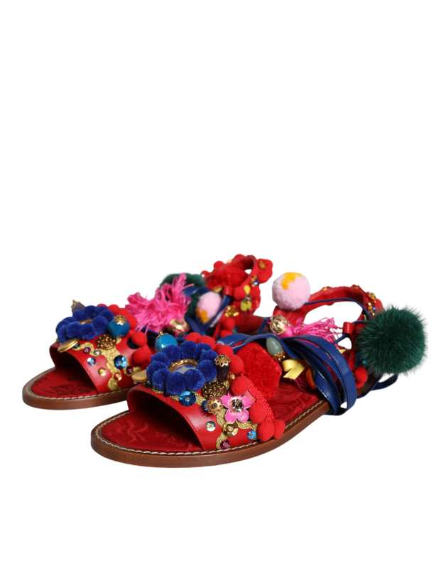 Multicolor pom pom fur wrap sandals shoes-null