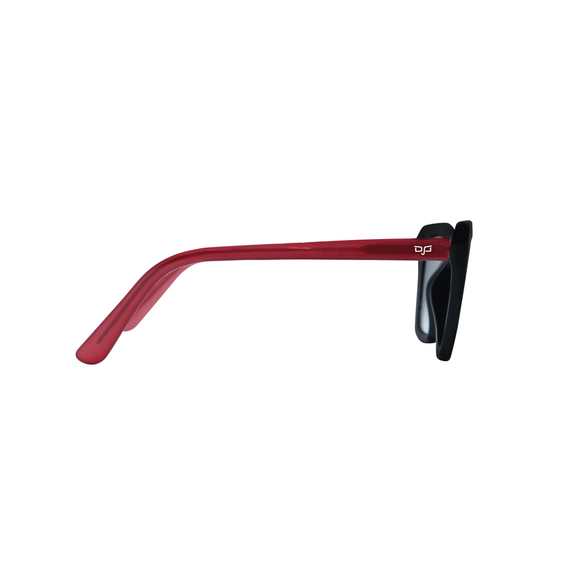 OJO sunglasses classic cat eye black frame and red clear temples with grey lenses rx-null