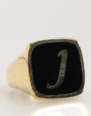 Gold-tone real brass black enamel "j" adjustable rings, Gold Black, medium