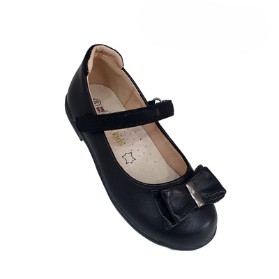 Girls black ballerina - with velcro strap and a bow with stud in front, Black, medium