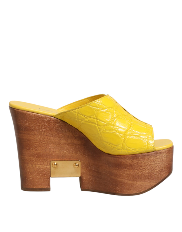 Yellow leather wood mule wedge slides shoes-null