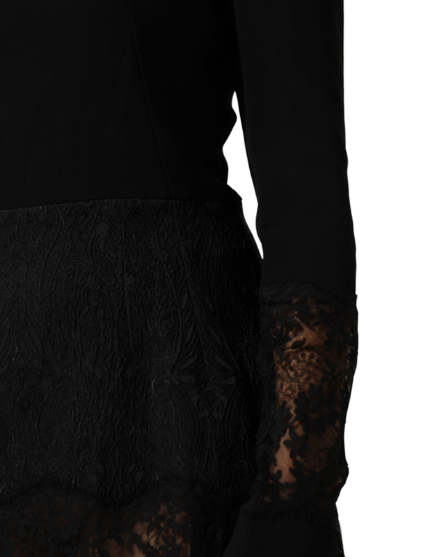 Black floral lace trim sheath a-line dress-null