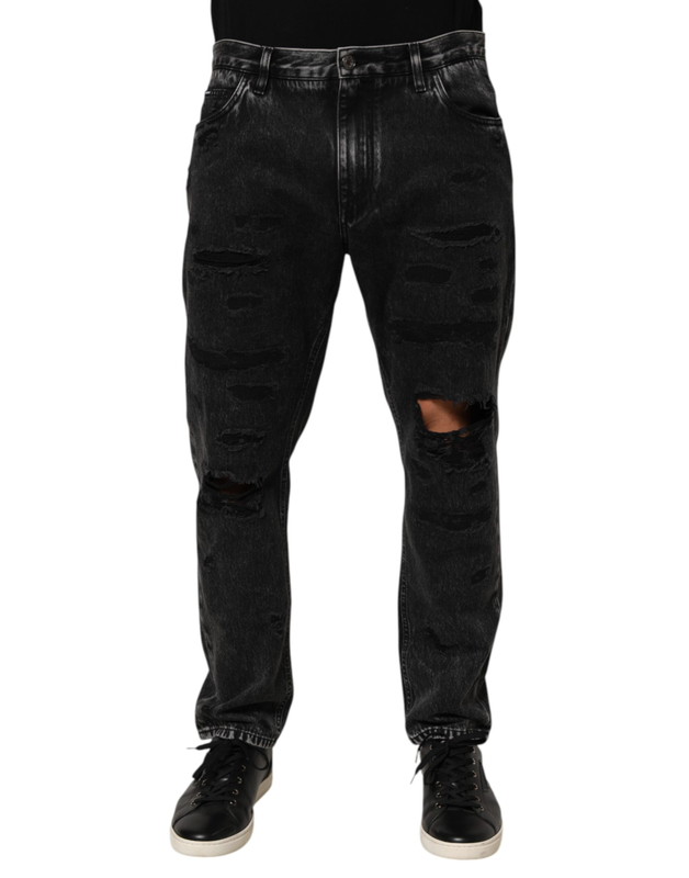 Black washed ripped loose cotton denim jeans-null