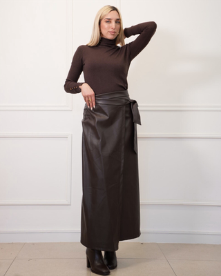 Maxi leather skirt with bow 1570, Brown, medium