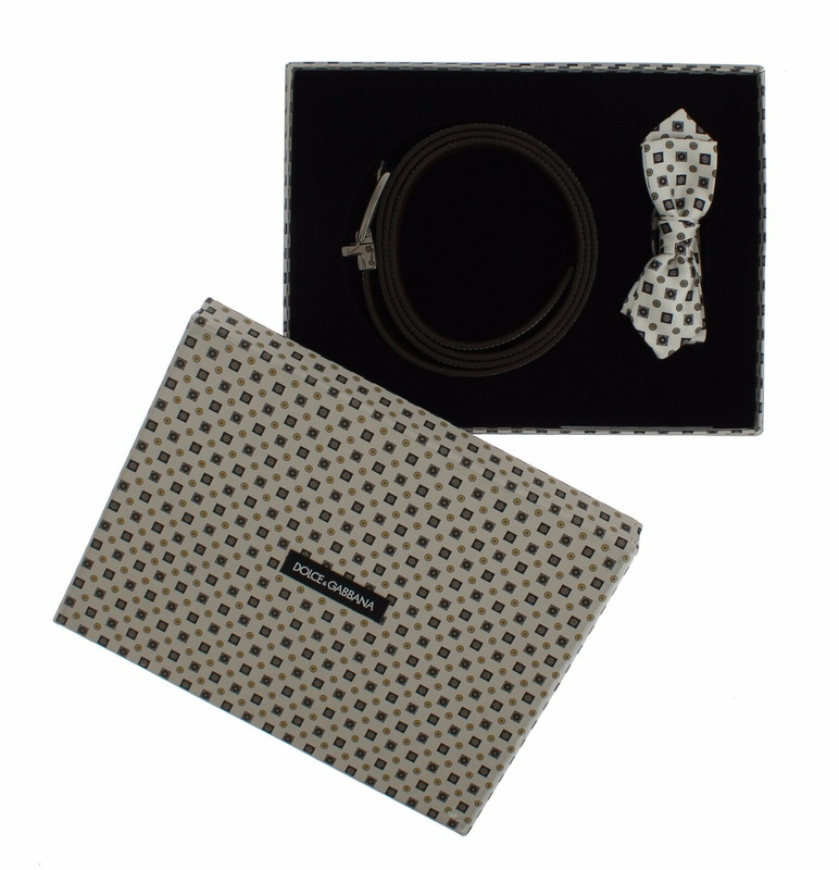 White silk bowtie leather men belt gift box-null