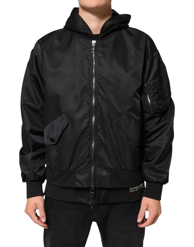 Black nylon hooded full zip bomber men jacket-null