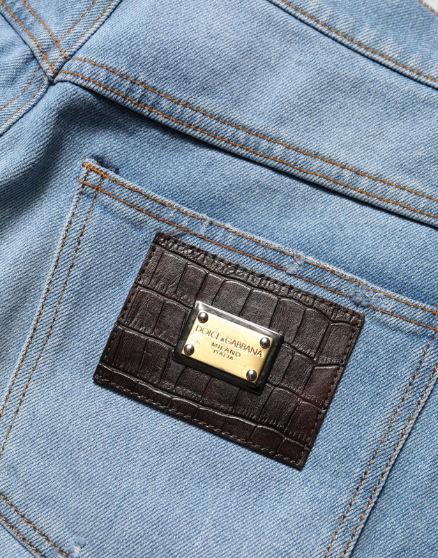 Blue distressed pleated cotton denim jeans-null