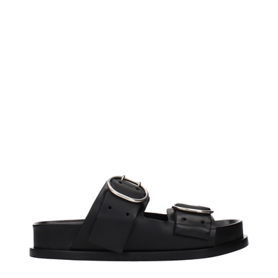 Black leather slippers, Black, medium