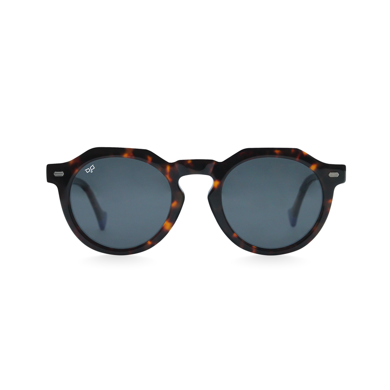 OJO sunglasses round handmade shell brown frame and temples with grey polarised lenses image number null
