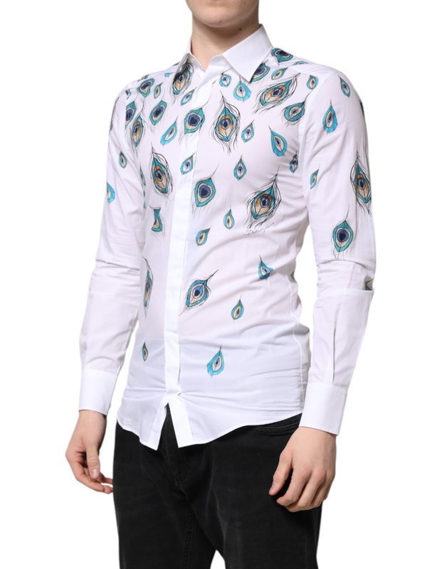 White cotton feather print gold dress shirt-null