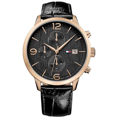 Tommy hilfiger liam 1710358 men's black leather 42mm watch with date, Black, medium