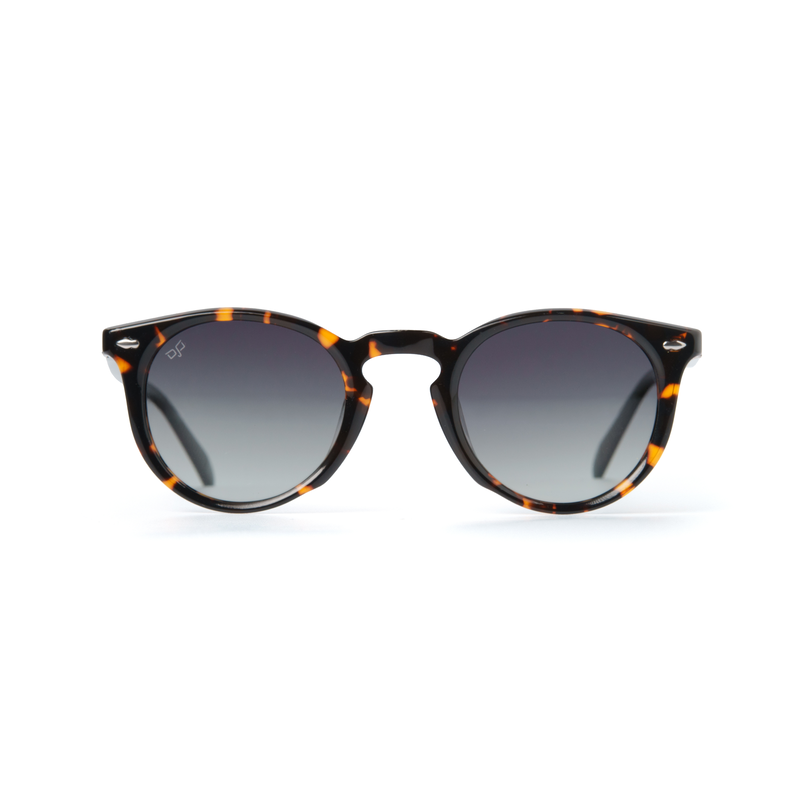 OJO sunglasses round handmade shell brown frame and green temples with green polarised lenses rx-null