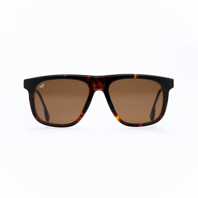 OJO sunglasses square handmade shell brown frame and blue gold temples with brown polarised lenses-null