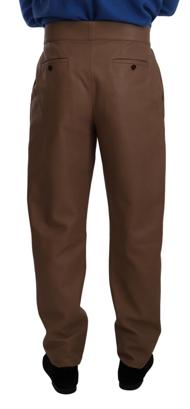 Brown leather tapered high waist pants-null
