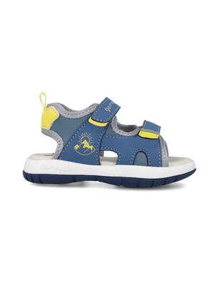 Garvalin open toe boys sandals with velcro strap and yellow details, Blue, medium
