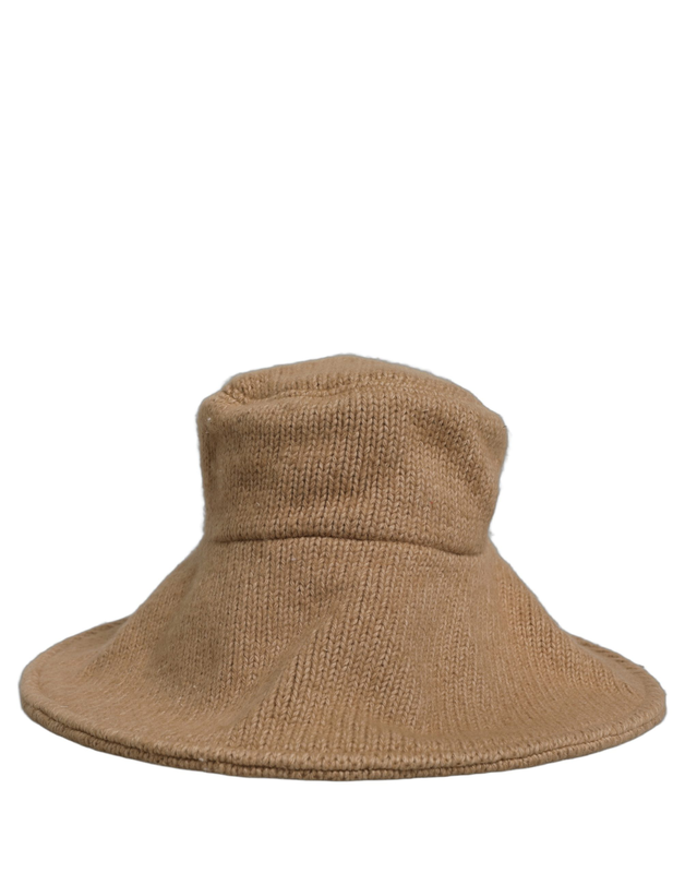 Women brown cotton knit widebrim bucket capello hat-null