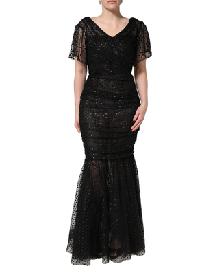 Black sequinned mermaid evening gown dress, Black, medium