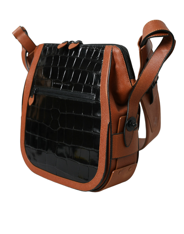 Black brown exotic skin leather vertical crossbody purse bag-null