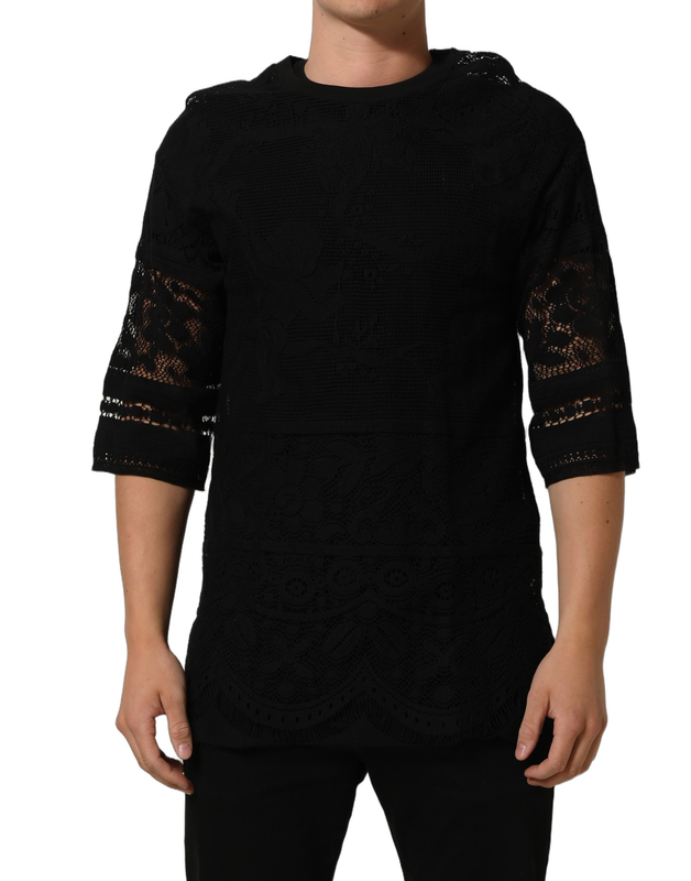 Black cotton floral lace crew neck t-shirt-null
