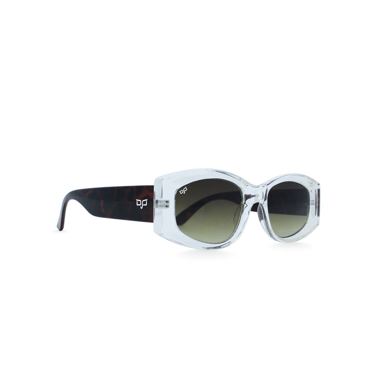 OJO sunglasses trend oval with clear frame and shell brown temples with brown gradient lenses rx-null