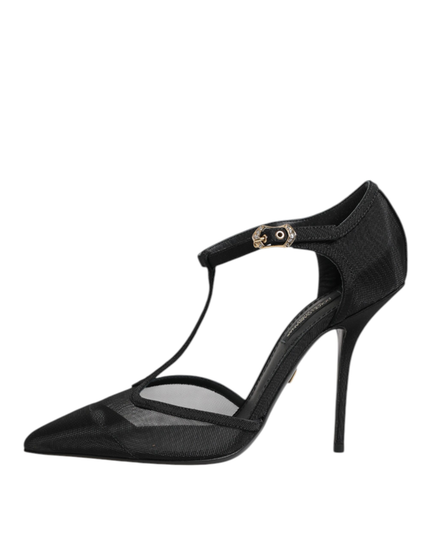 Black mesh t-strap stiletto high heels shoes-null