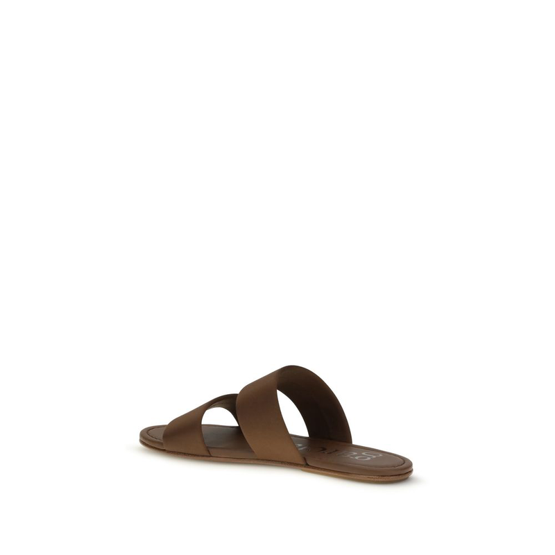 Brown silk flat sandals-null
