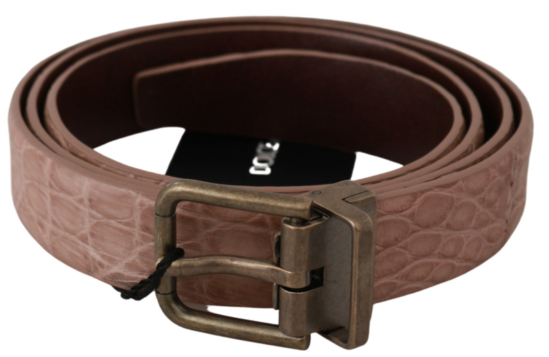 Beige exotic skin gold buckle leather belt-null
