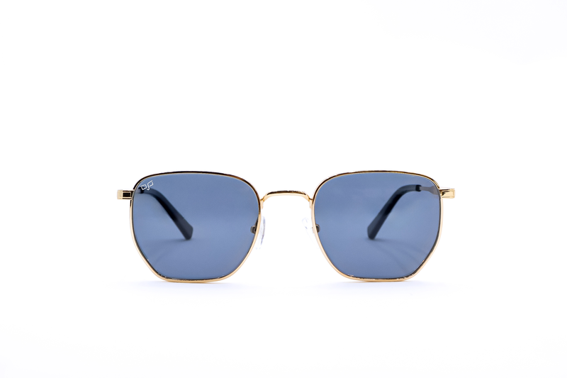 OJO sunglasses square gold frame and temples with polarised bluish grey lenses rx-null