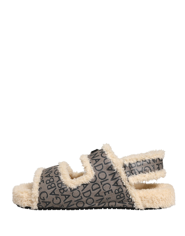 Beige faux fur logo print flats sandals shoes-null